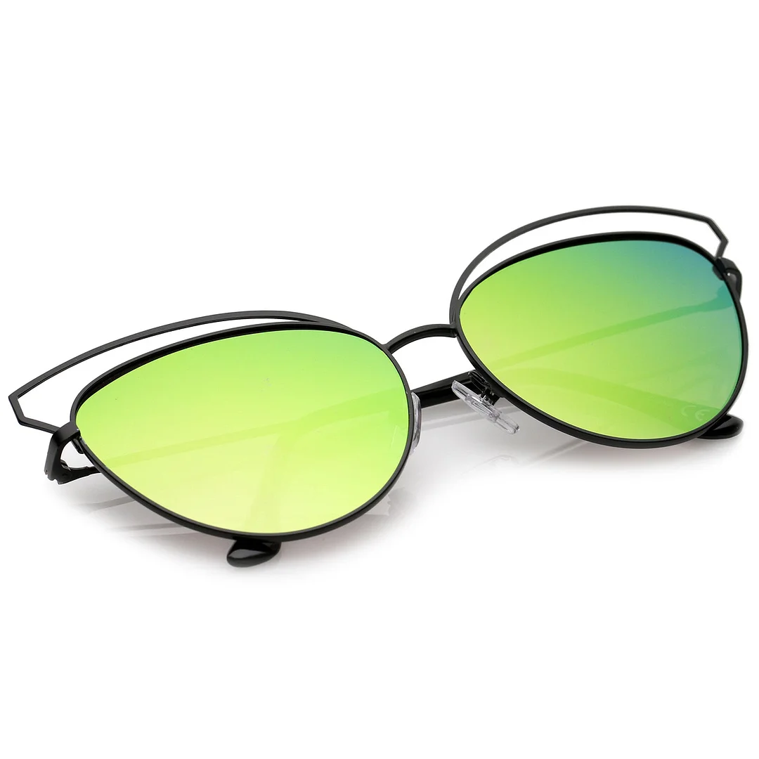 Women's Open Metal Frame Colored Mirror Oversize Cat Eye glasses 58mm