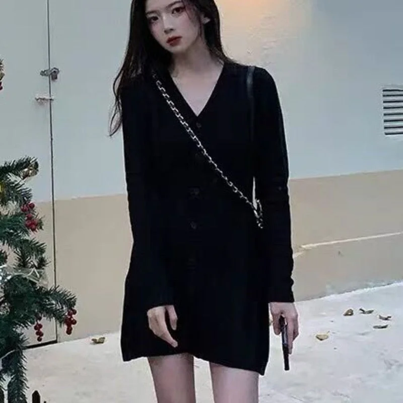Ufoever21 Autumn Winter 2023 New Korean Fashion Casual Knitted Dress Women Single Breasted Long Sleeve Slim Waist Sweater Dress Vestidos