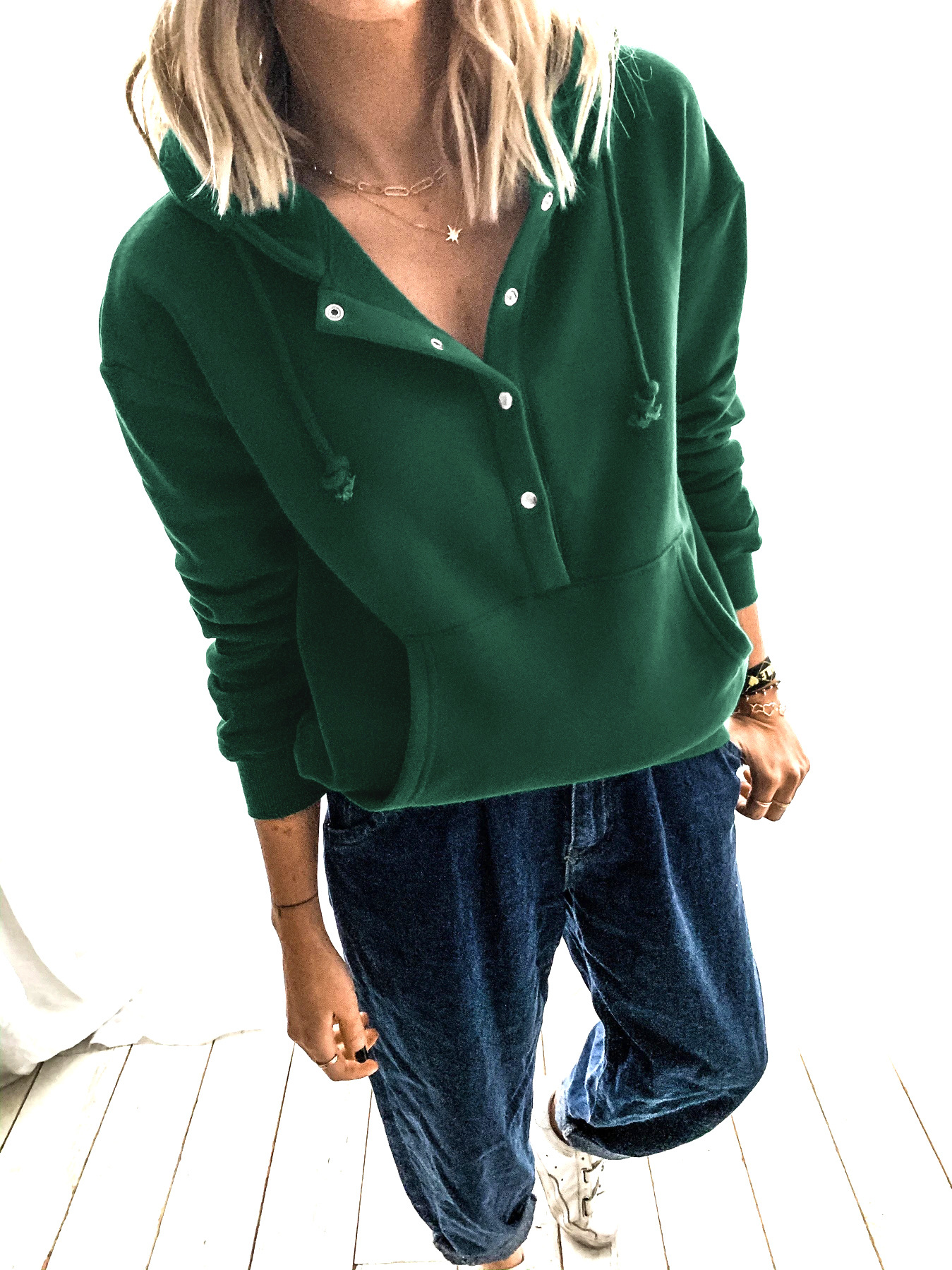 Casual Hooded Drawstring Button Hoodie
