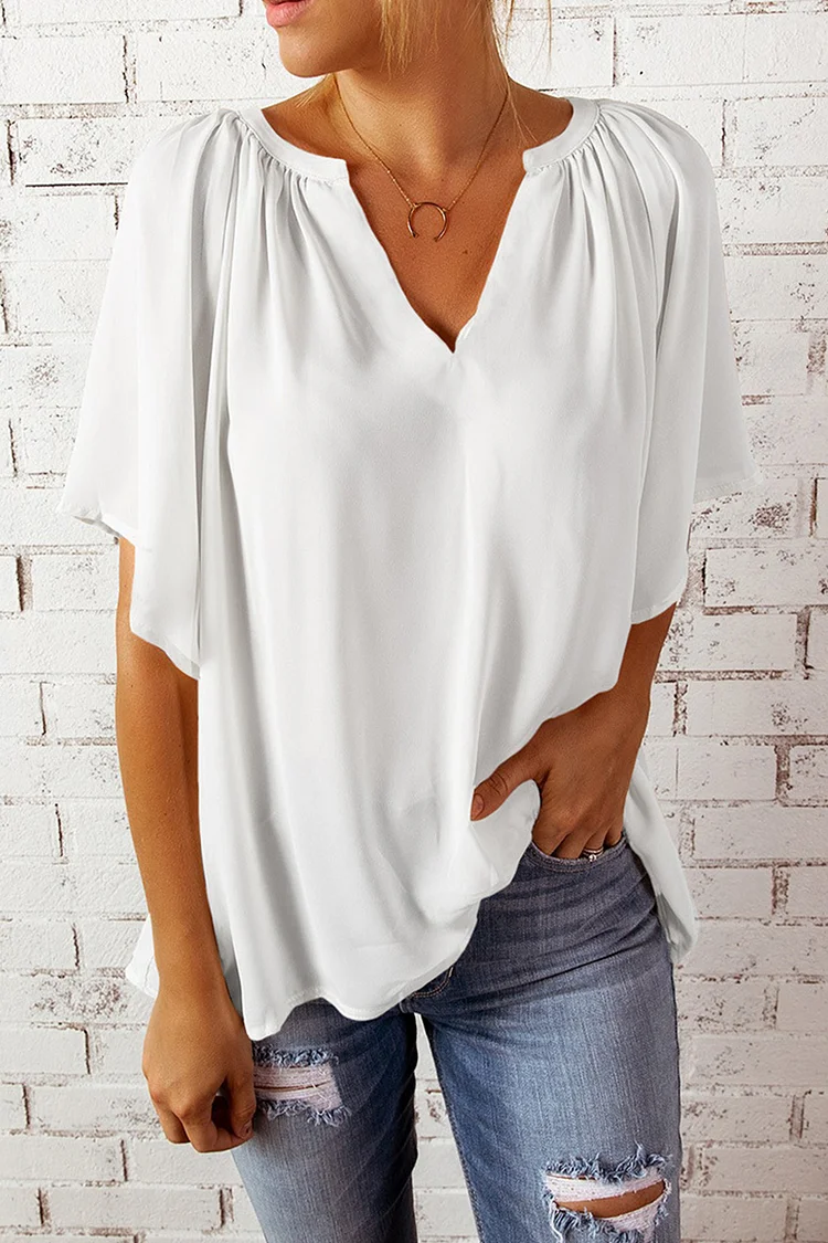Casual Solid Split Joint V Neck T-Shirts(6 colors）