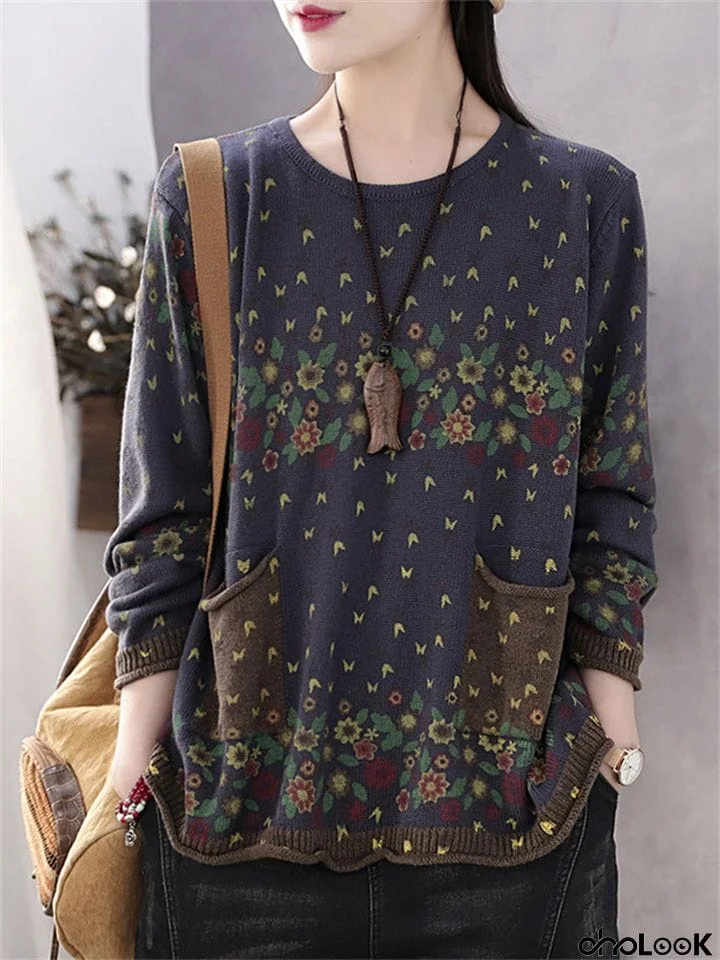 Women's Vintage Comfy Floral Pullover Knitted Shirts