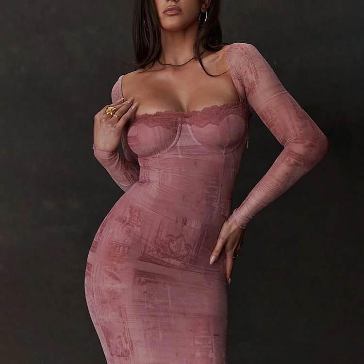 Pink Fitted Long-sleeve Dress - Buy two and get free shipping!