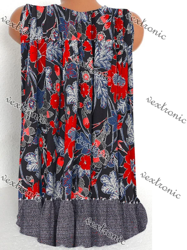 Women's Sleeveless Floral Printed Printed V-neck Tops T-shirt