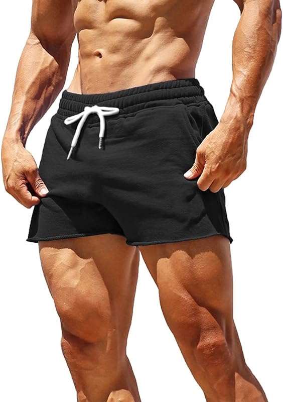 Gymape Men&#39;s Gym Sport Bodybuilding Workout Casual Shorts With Pockets 3 Inch Inseam Raw Hem Terry Cotton