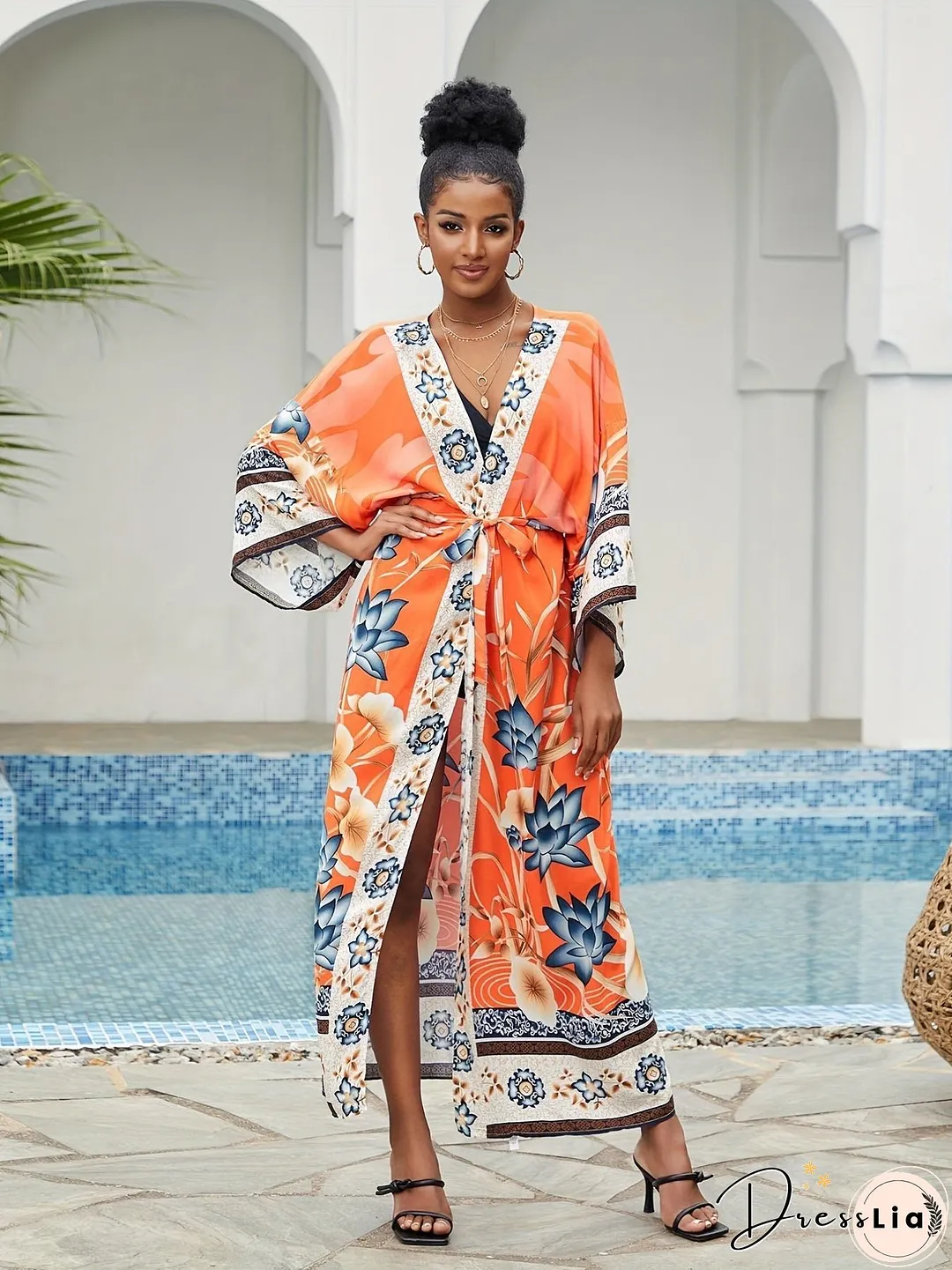 Geo Print Open Front Belted Kimono, Boho Long Sleeve Beachwear Cove Up, Women's Clothing