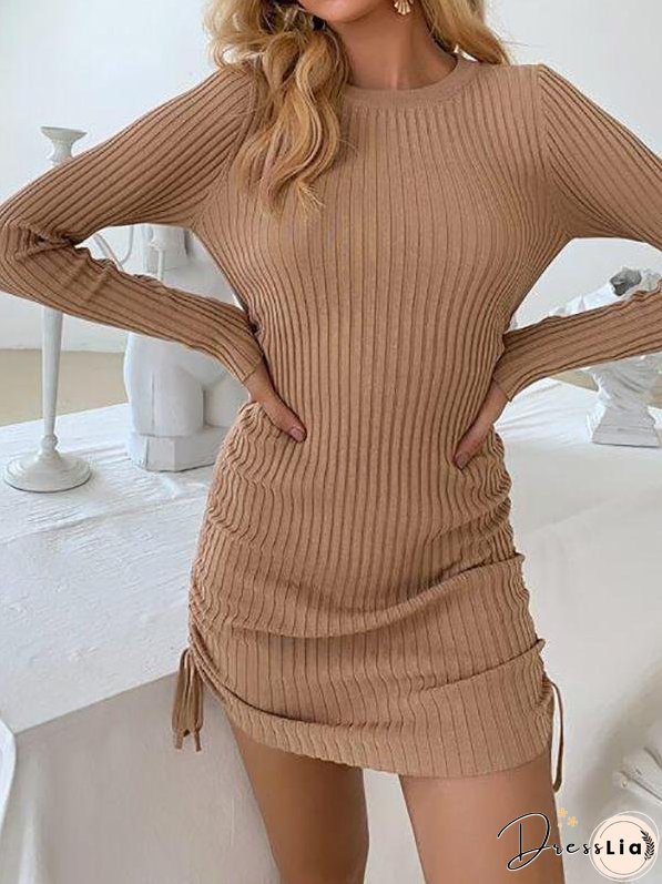 Drawstring Ruched Rib-knit Sweater Dress