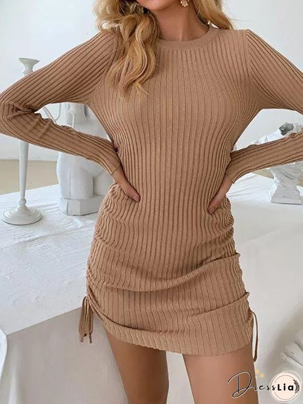 Drawstring Ruched Rib-knit Sweater Dress