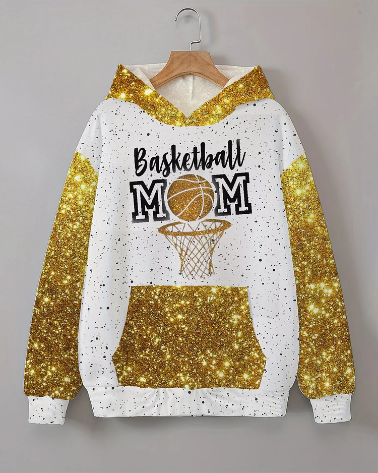 Basketball Mom Ink Gold Glitter Print Long Sleeve Hoodie With Pocket