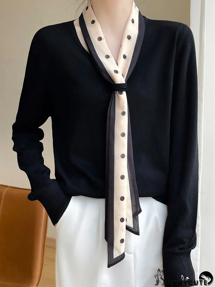 Long Sleeves Loose Polka-Dot Ribbon V-Neck Pullovers Sweater Tops