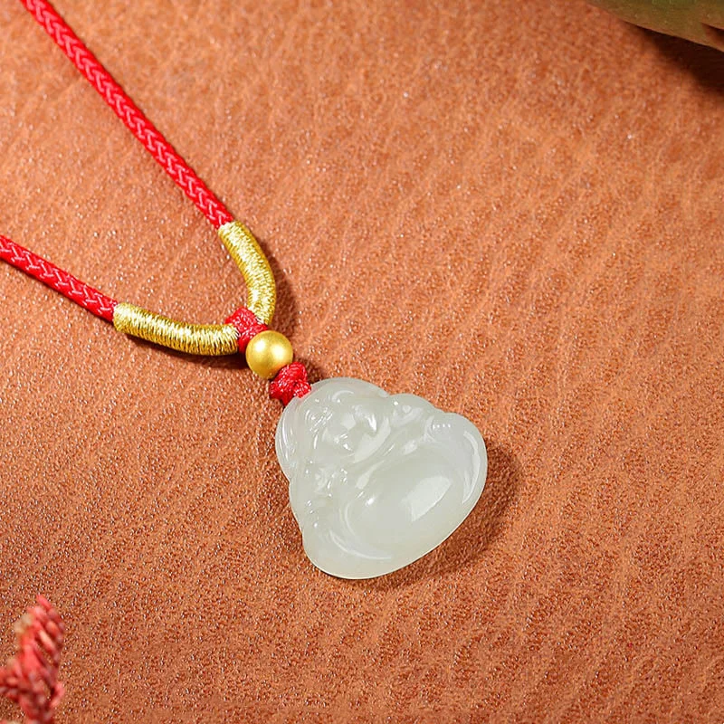18k Gold Plated Natural Hetian Jade Laughing Buddha Wealth String Necklace Pendant