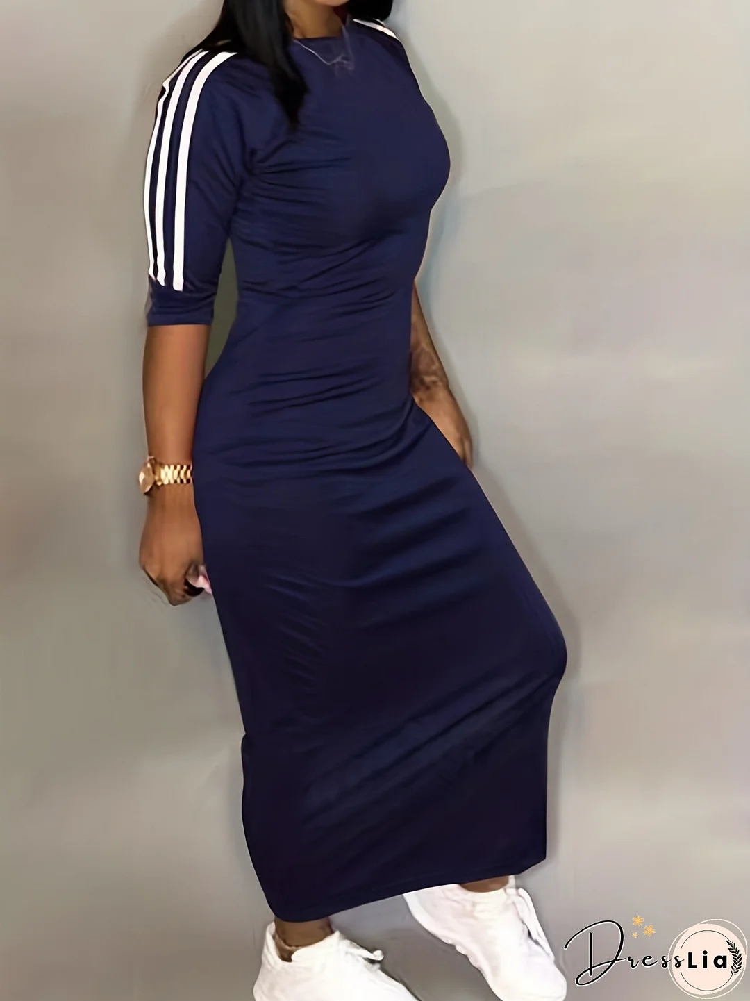 Striped Print Maxi Dress, Casual Crew Neck Dress For Spring & Summer, Women's Clothing