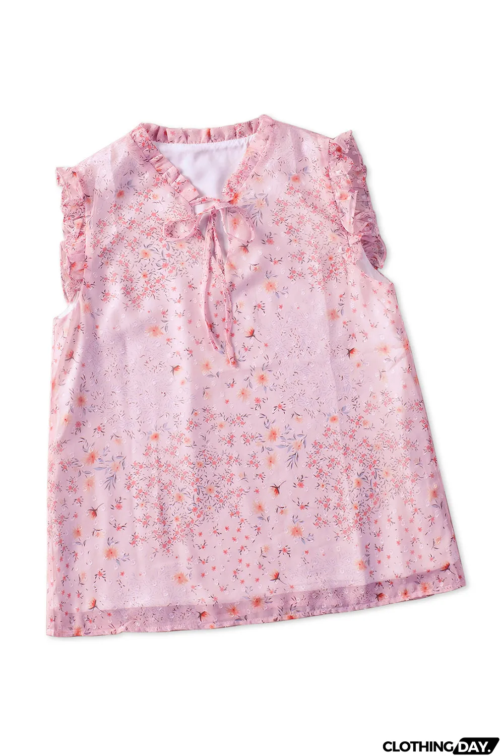 Pink Floral Print Drawstring Frill Trim Sleeveless Top