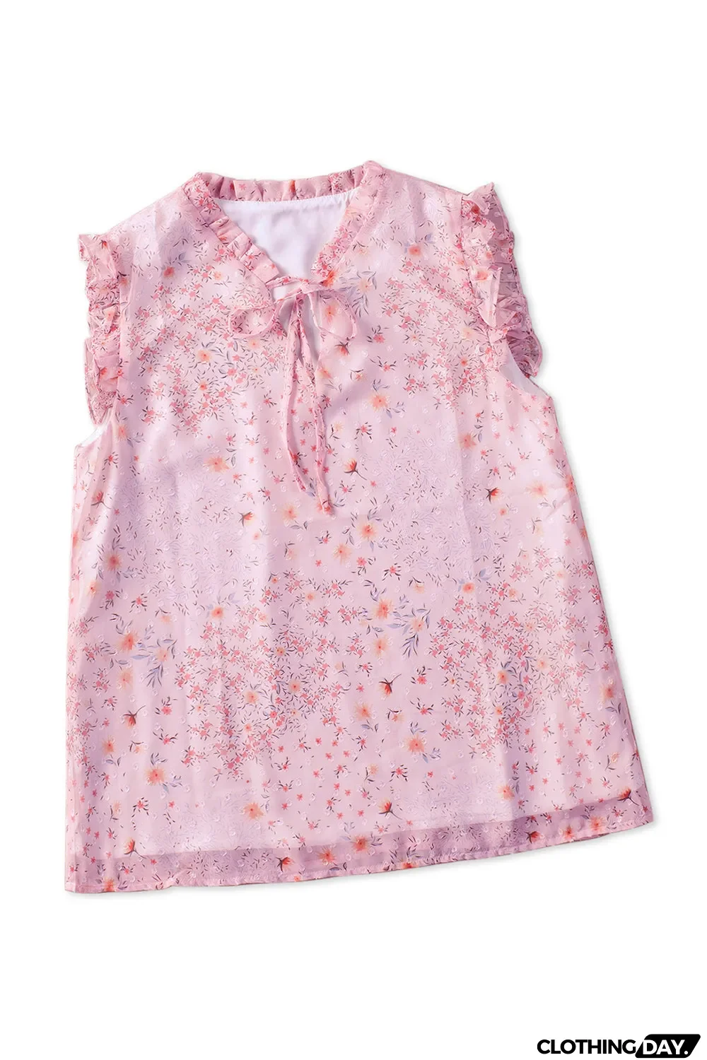Pink Floral Print Drawstring Frill Trim Sleeveless Top