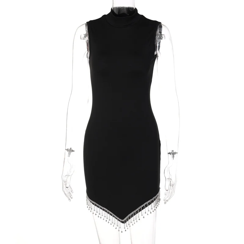 Diamond Tassel Patchwork Women Sleeveless High Neck Satin Mini Dress Bodycon  Streetwear Party 2023 Elegant