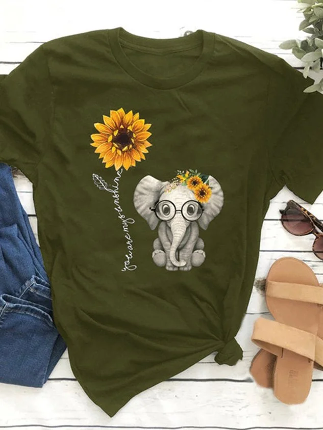 Elephant Printed Casual Round Neck Short Sleeve T-Shirt Top socialshop