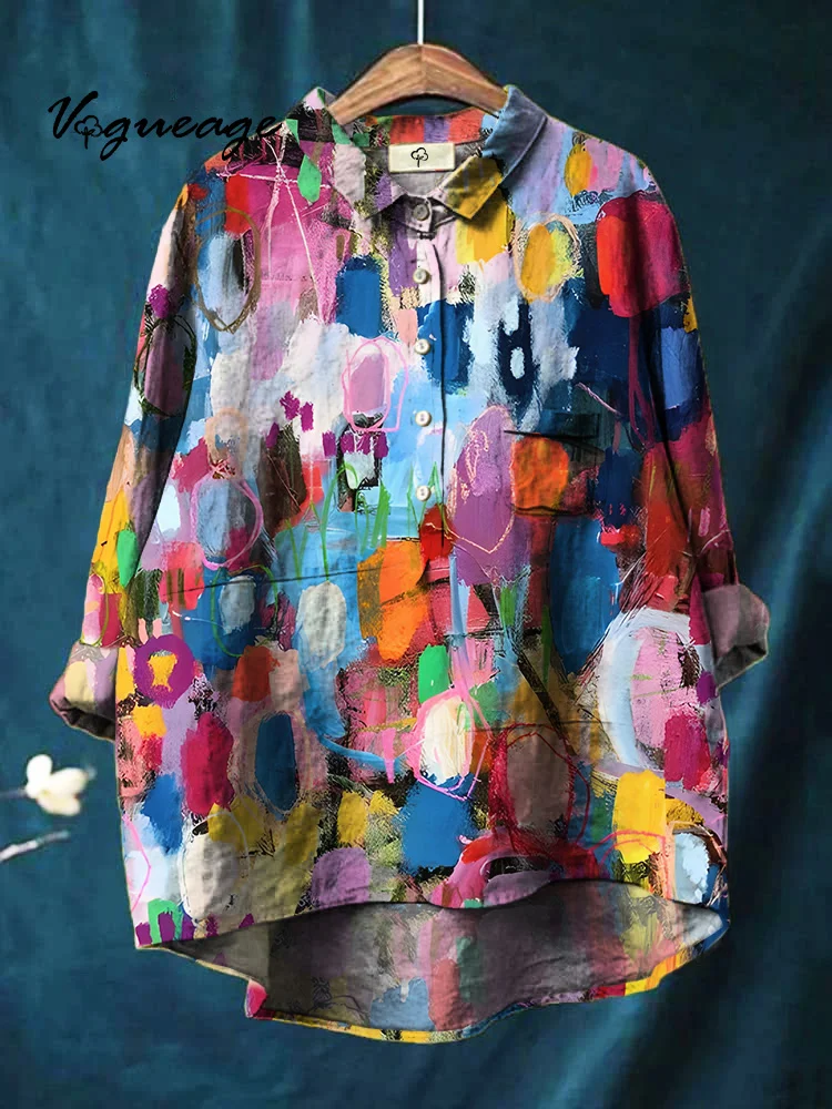 Bright And Fashionable Small Color Block Stitching Printed Cotton And Linen Shirt