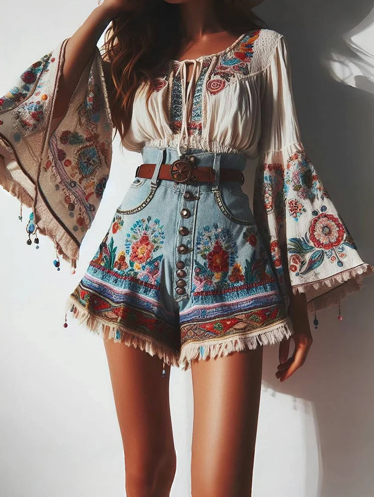 Boho Floral Pattern Lace-up Fold Flare Sleeve Blouse