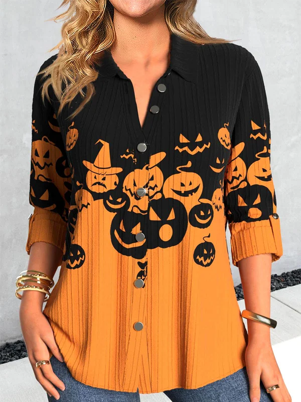 Button Halloween Pumpkin Print Long Sleeve Shirt