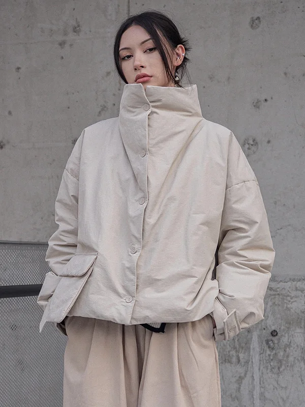 Urban Long Sleeves Buttoned Asymmetric Pure Color Stand Collar Padded Coat