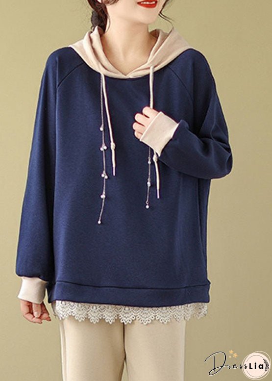 Italian Navy Blue Drawstring Lace Patchwork Fleece Hoodie Sweatshirts Long Sleeve
