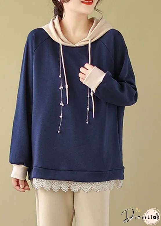 Italian Navy Blue Drawstring Lace Patchwork Fleece Hoodie Sweatshirts Long Sleeve