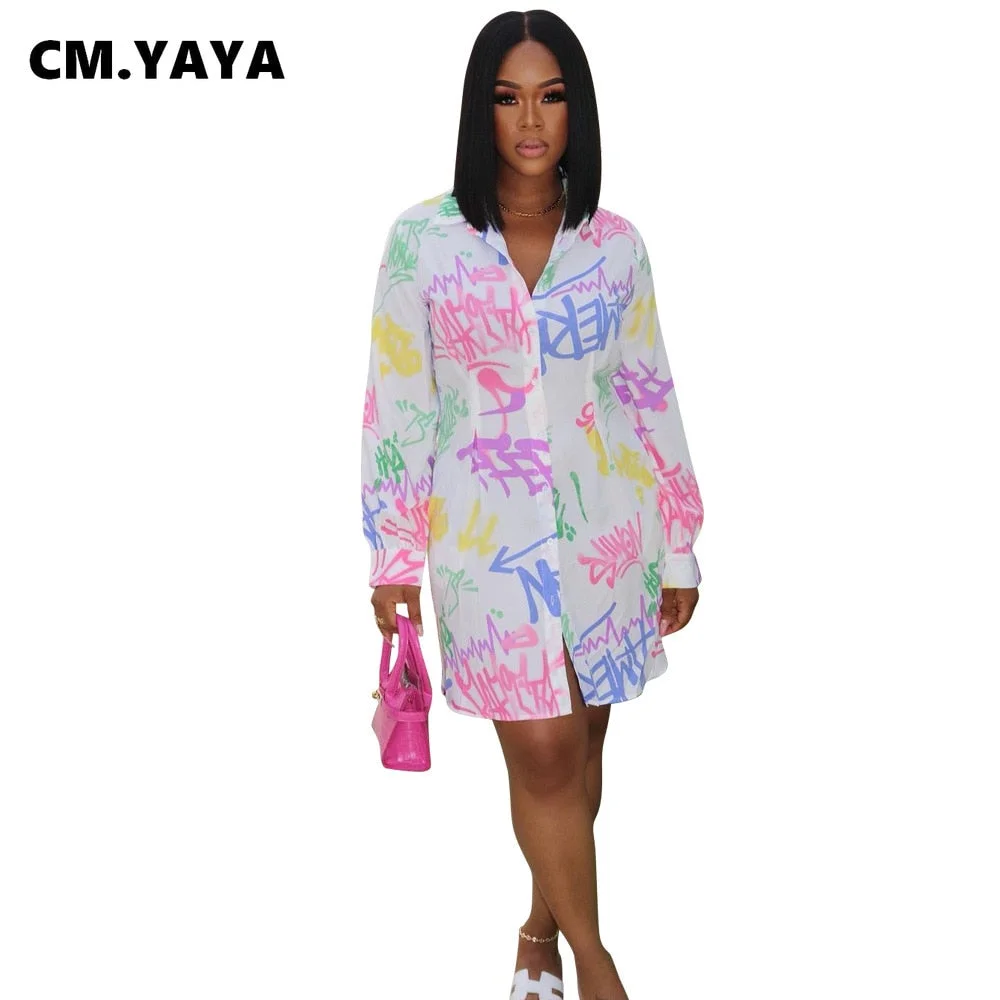 CM.YAYA Women Letter Graffi Print Blouses Style Dress for Vintage Streetwear Fashion Long Sleeve Button Up Mini Dresses Summer