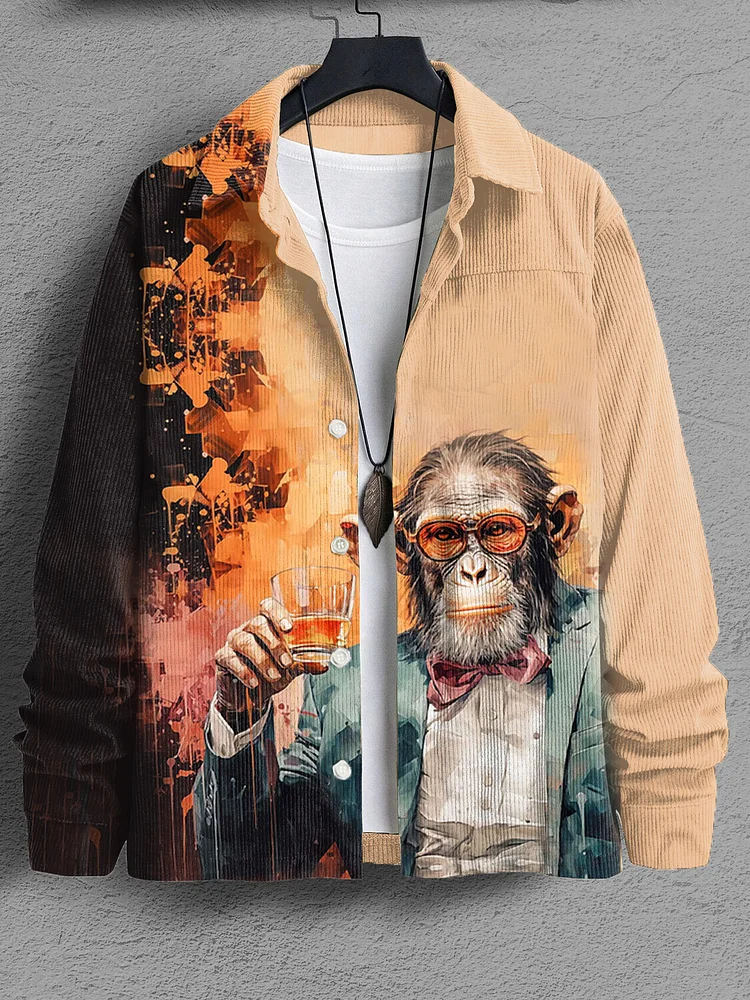 Men's Monkey Gentleman Drinking Oil Painting Print Corduroy Long Sleeve Shirt