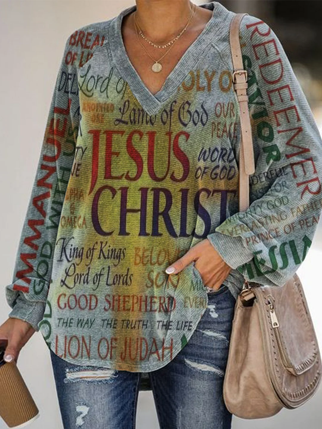 Vintage Letters Jesus Printed V Neck Long Sleeves Plus Size Casual Sweatshirts