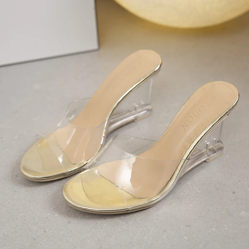 Breakj Breakj Summer New Fashion High-Heeled Slippers Women Transparent Slope Shoes One-字 Type Wearing Fairy Cool Slippers Tide