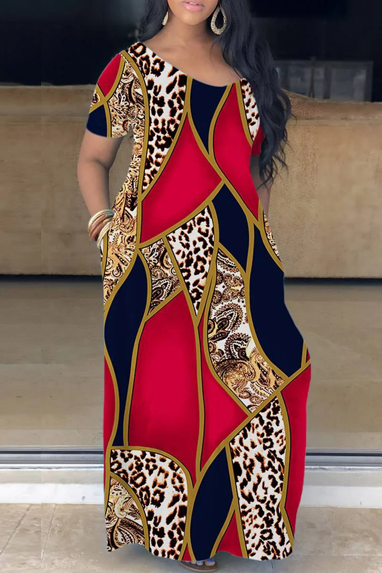 Plus Size Casual Leopard Print Colorblock Loose Round Neck Short Sleeve Maxi Dresses 