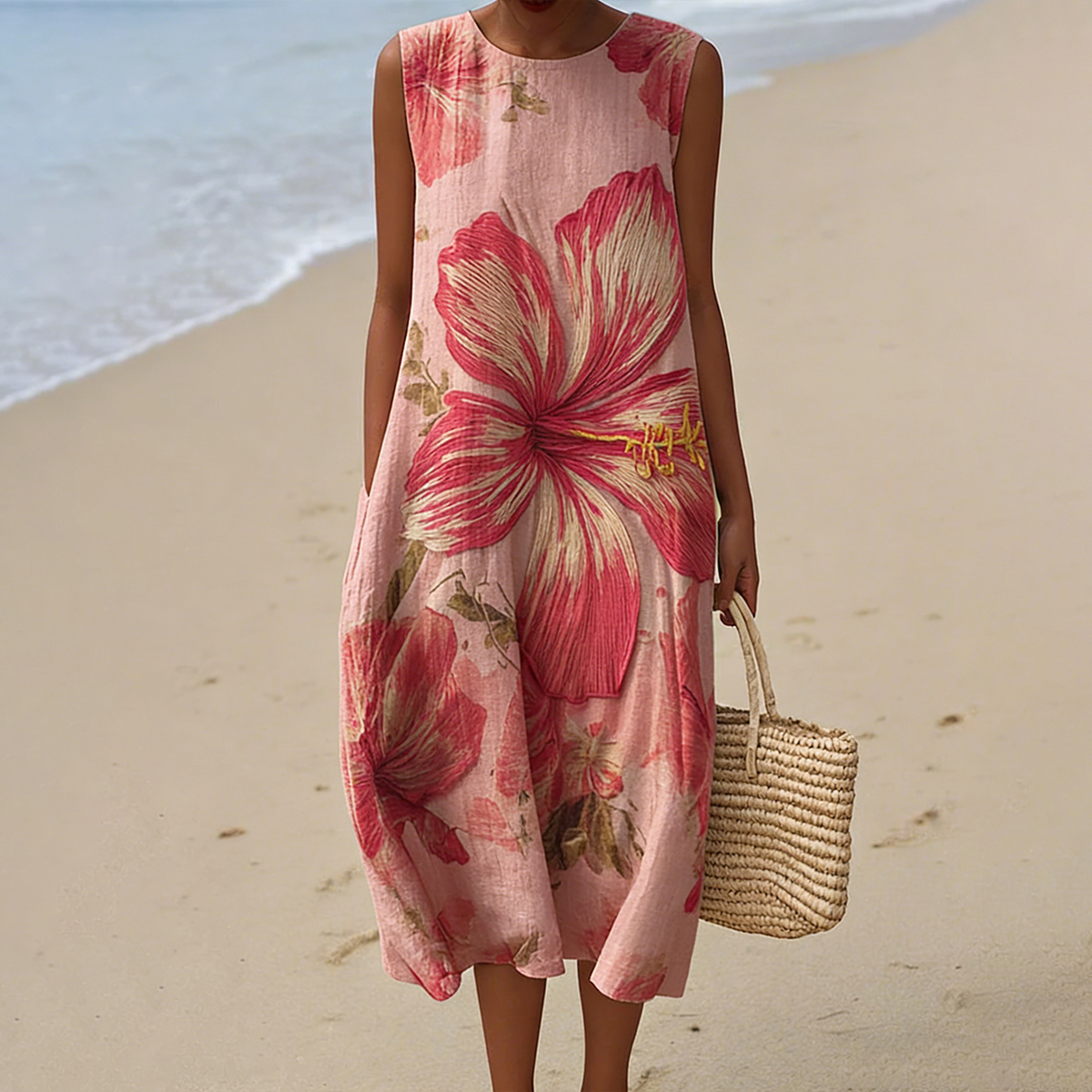 Women's Vintage Hibiscus-patterned Casual Linen Dress wearshes