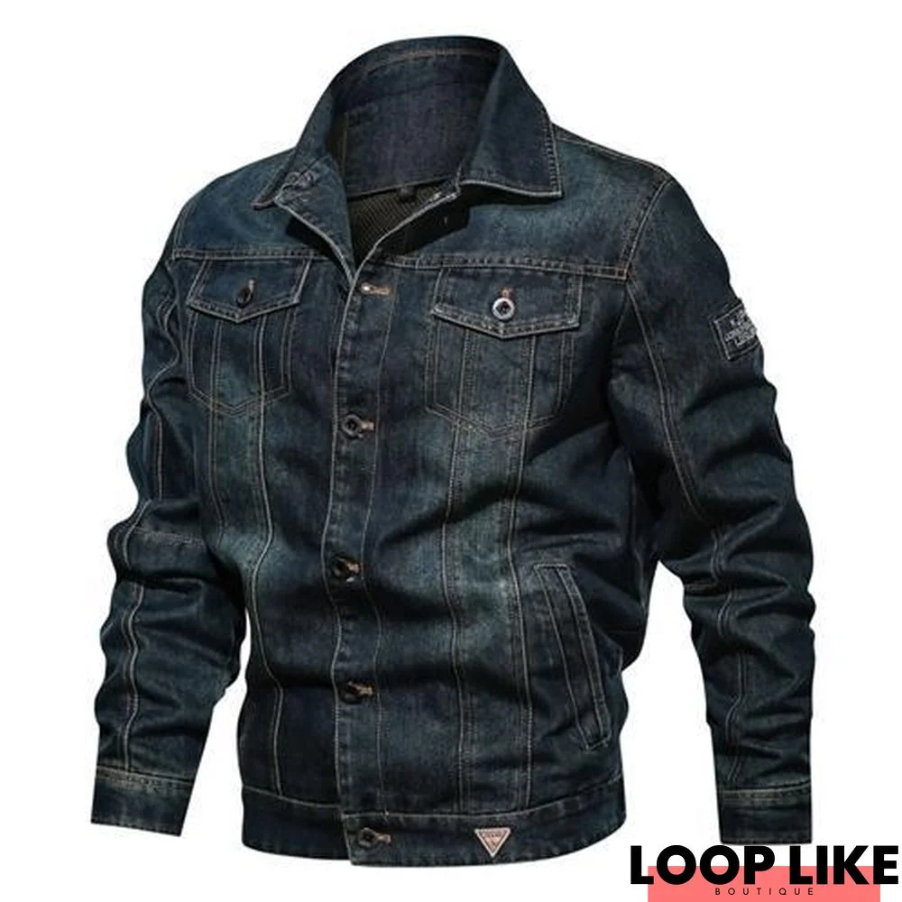 Denim Jacket Men's Lapel Embroidery Casual Mens Jeans Jackets Multi-Pocket Male Cowboy Coats