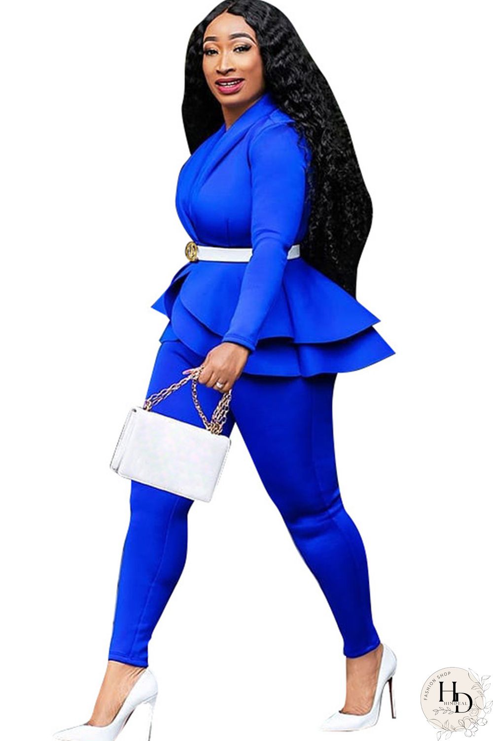 Black Casual Two Piece Suits Patchwork ruffle Solid pencil Long Sleeve