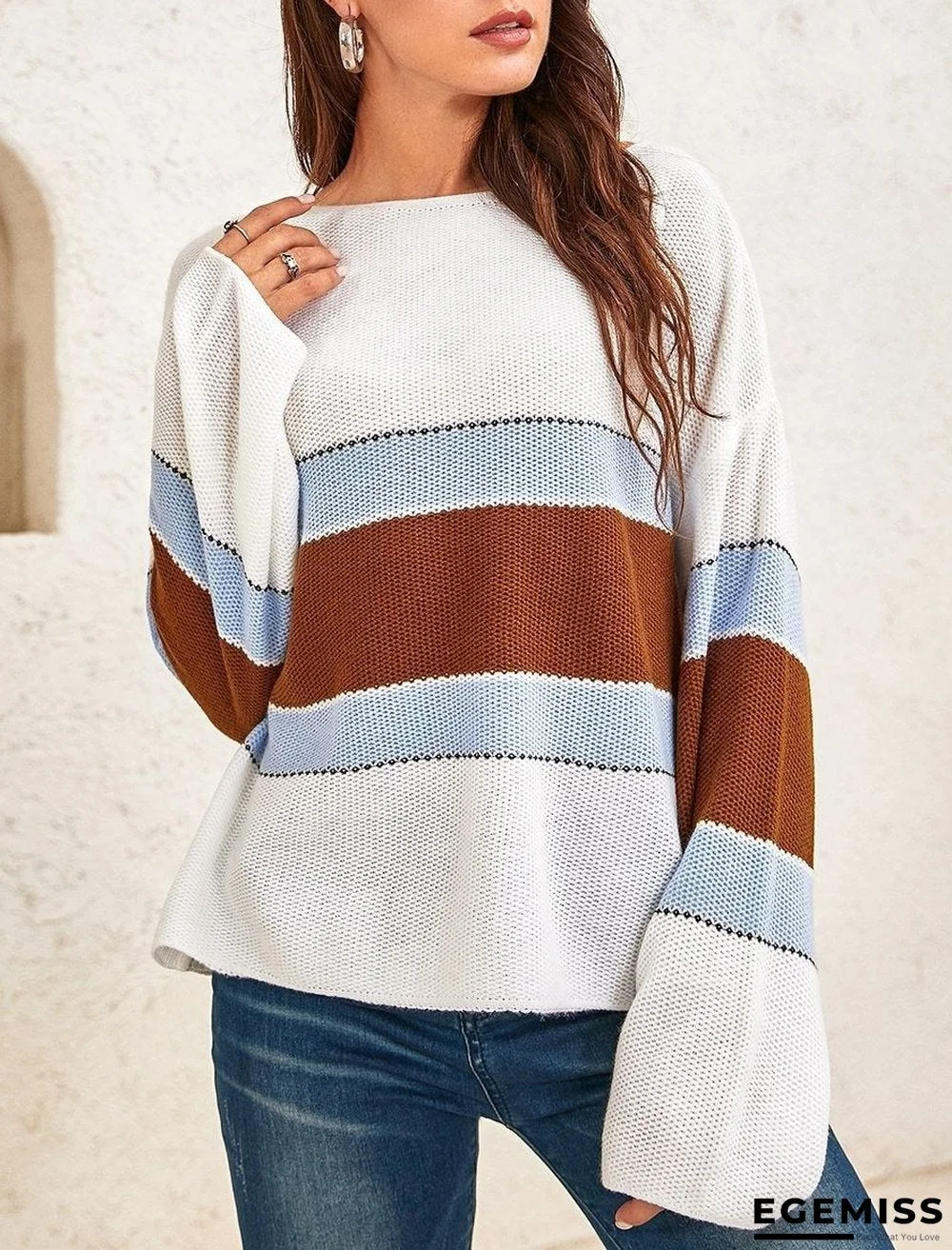 Ladies Color Striped Loose Long Sleeve Sweater | EGEMISS