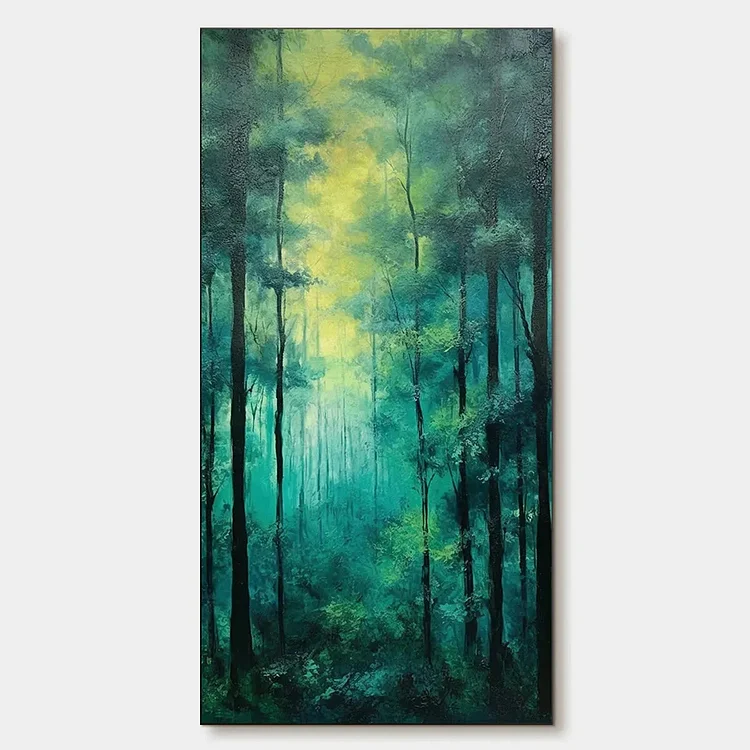EMERALD FOREST PATH: Vertical Forest Painting, Green Woodland Scene, Nature Wall Art, Living Room（Canvas painting）
