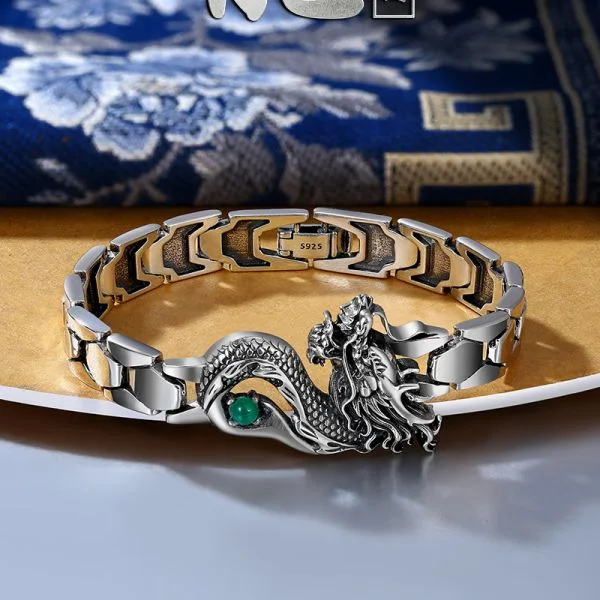 Sterling Silver Emerald Dragon Totem Chain Bracelet