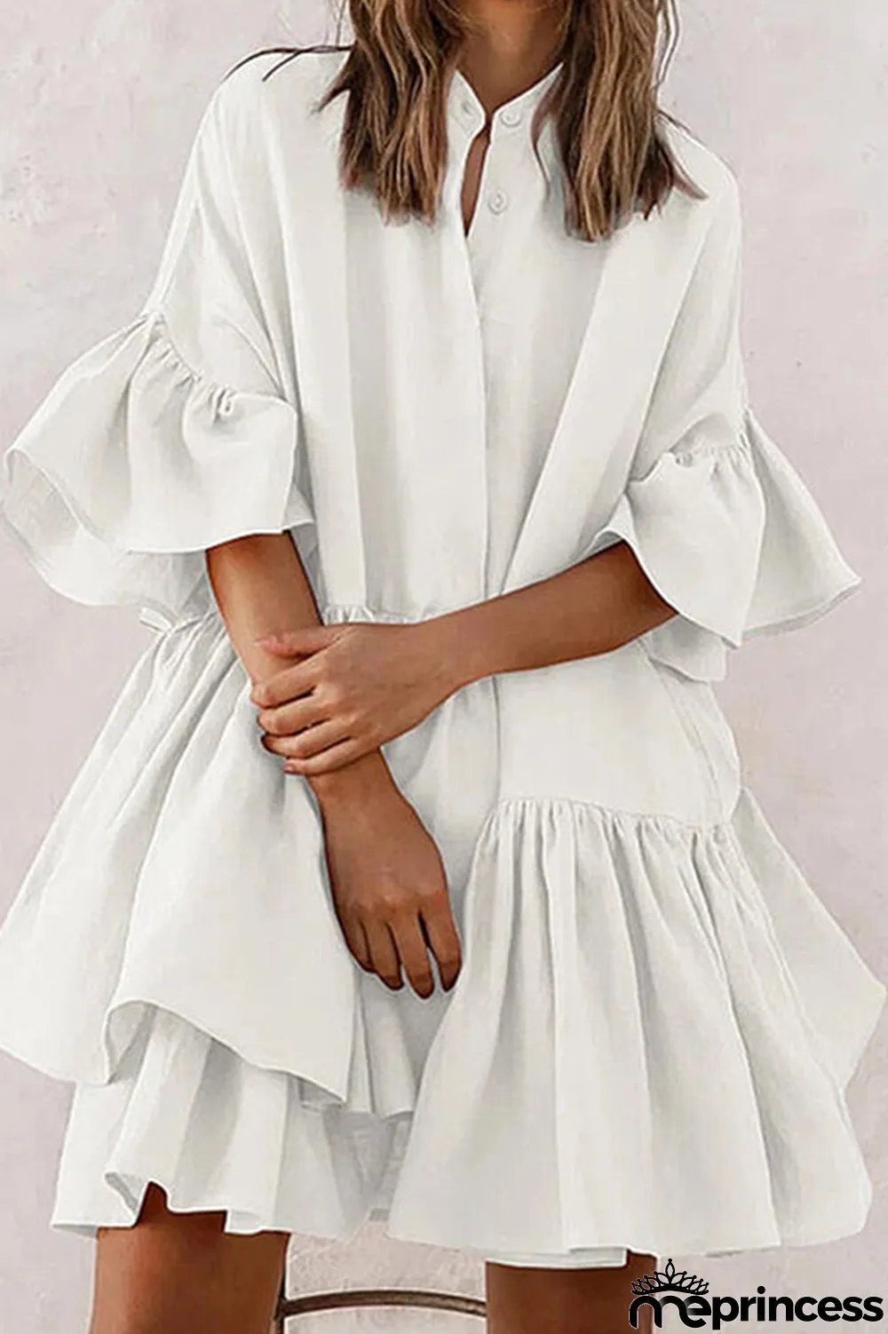 White Casual Solid Flounce Mandarin Collar Cake Skirt Dresses