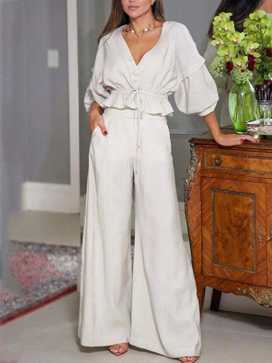 Design Sense Bubble Sleeve Top Trousers Solid Color Suit