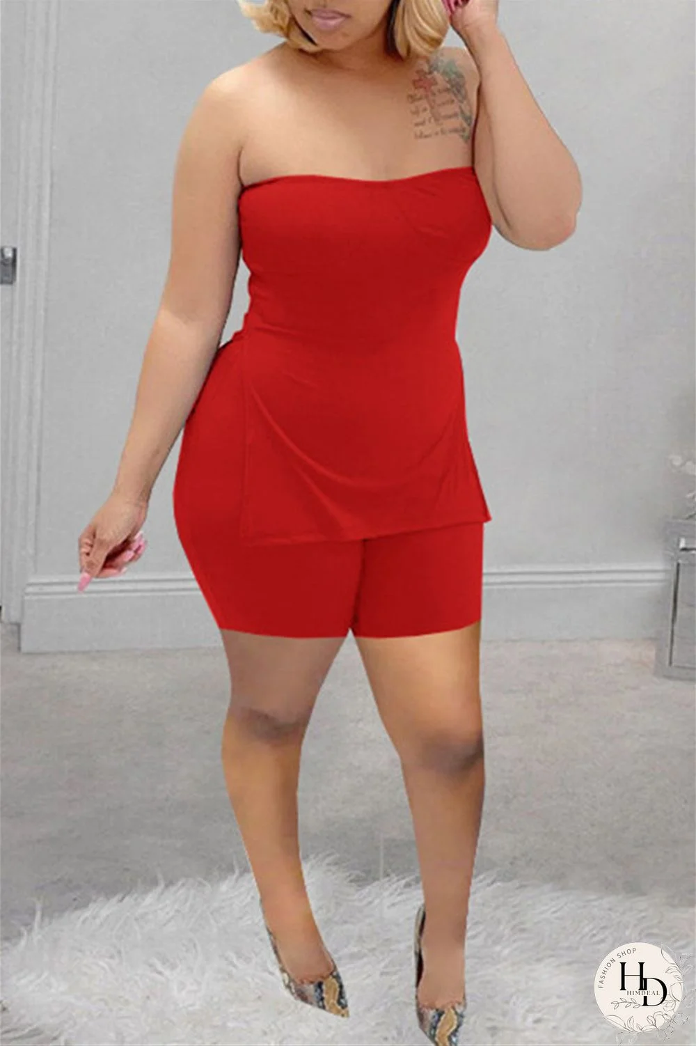 Coral Powder Sexy Casual Solid Backless Slit Strapless Sleeveless Two Pieces
