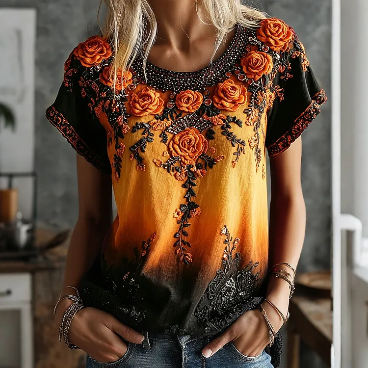 Women's Retro Rose Embroidery Gradient Pattern Casual Halloween Crew Neck T-shirt