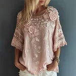 Women's Floral Embroidery Lace Linen Crew Neck T-shirt - Image 2