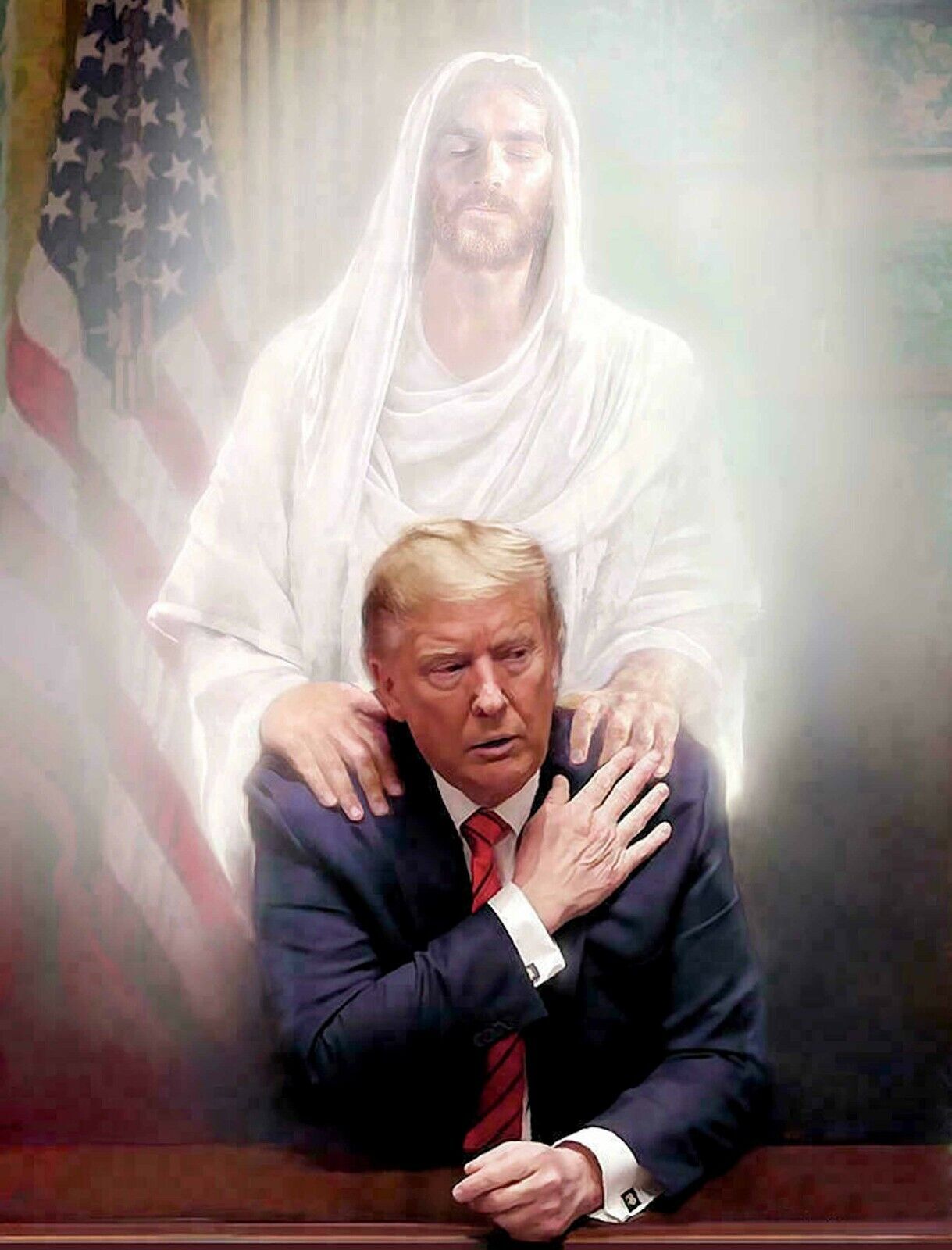 PRESIDENT DONALD TRUMP & JESUS PRAYING WHITE HOUSE 8.5X11 Photo Poster painting PICTURE REPRINT