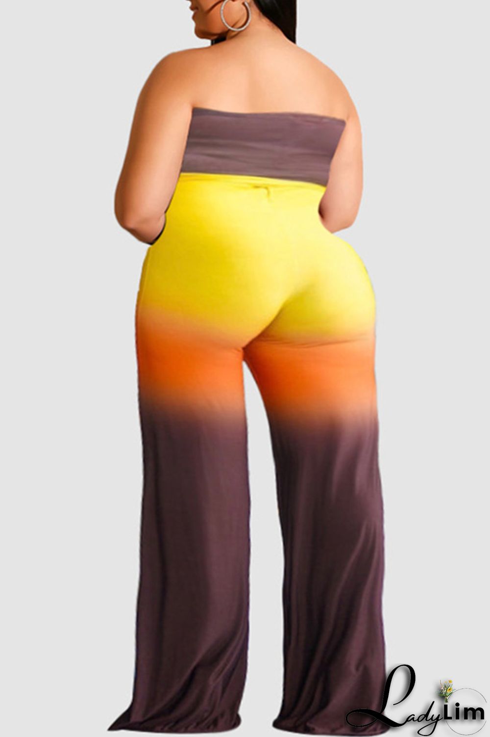 Yellow Fashion Sexy Gradual Change Print Backless Strapless Plus Size Jumpsuits