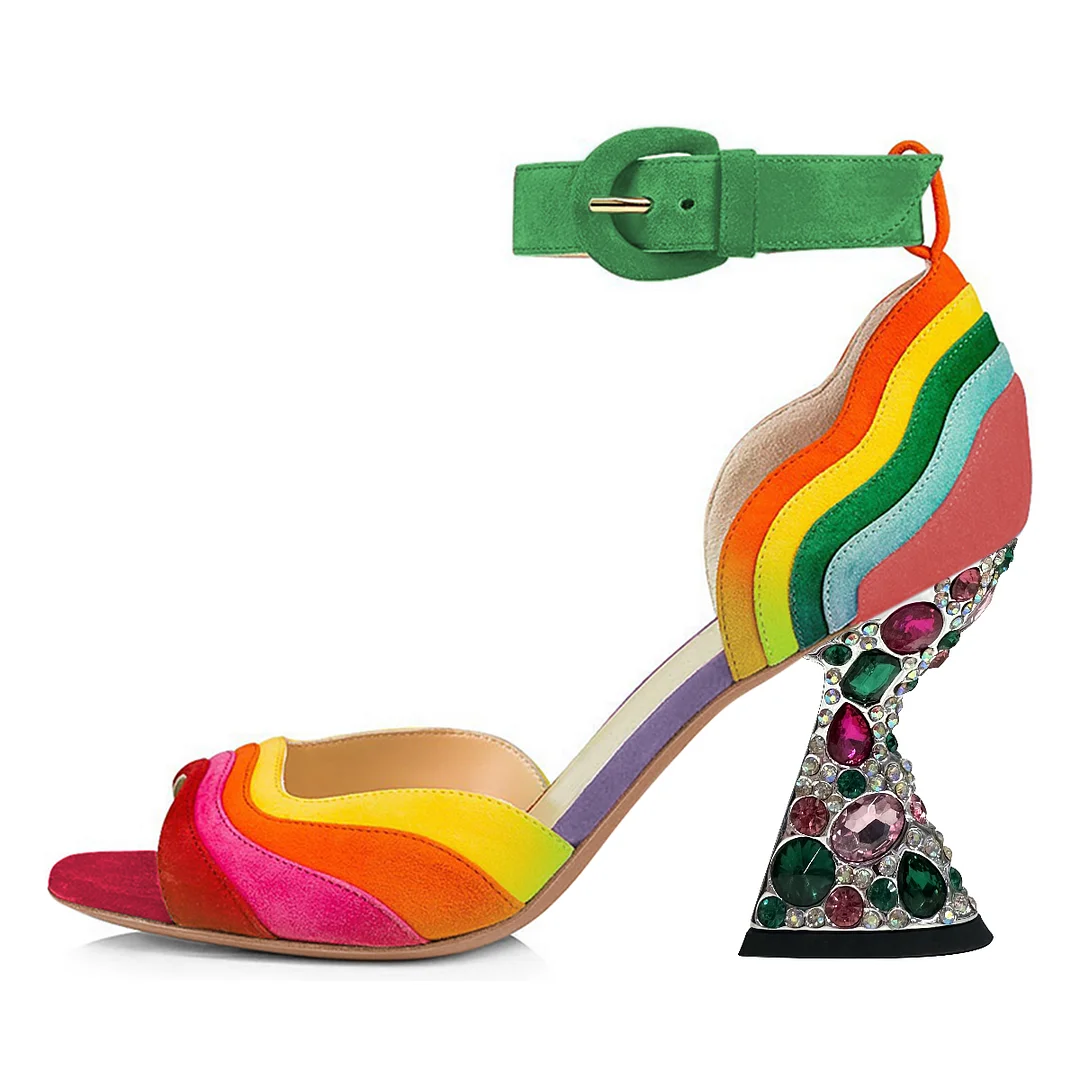 Colorful Buckle Fastening Ankle Strap Rhinestone Heel Sandals