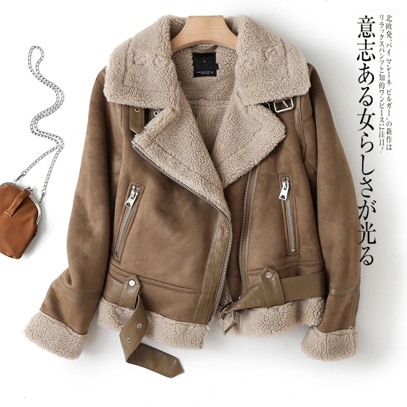 Brown Jacket For Women Winter Vintage Fur Integrated Jacket Lapel Long Sleeves Jackets Female Outwears Chic