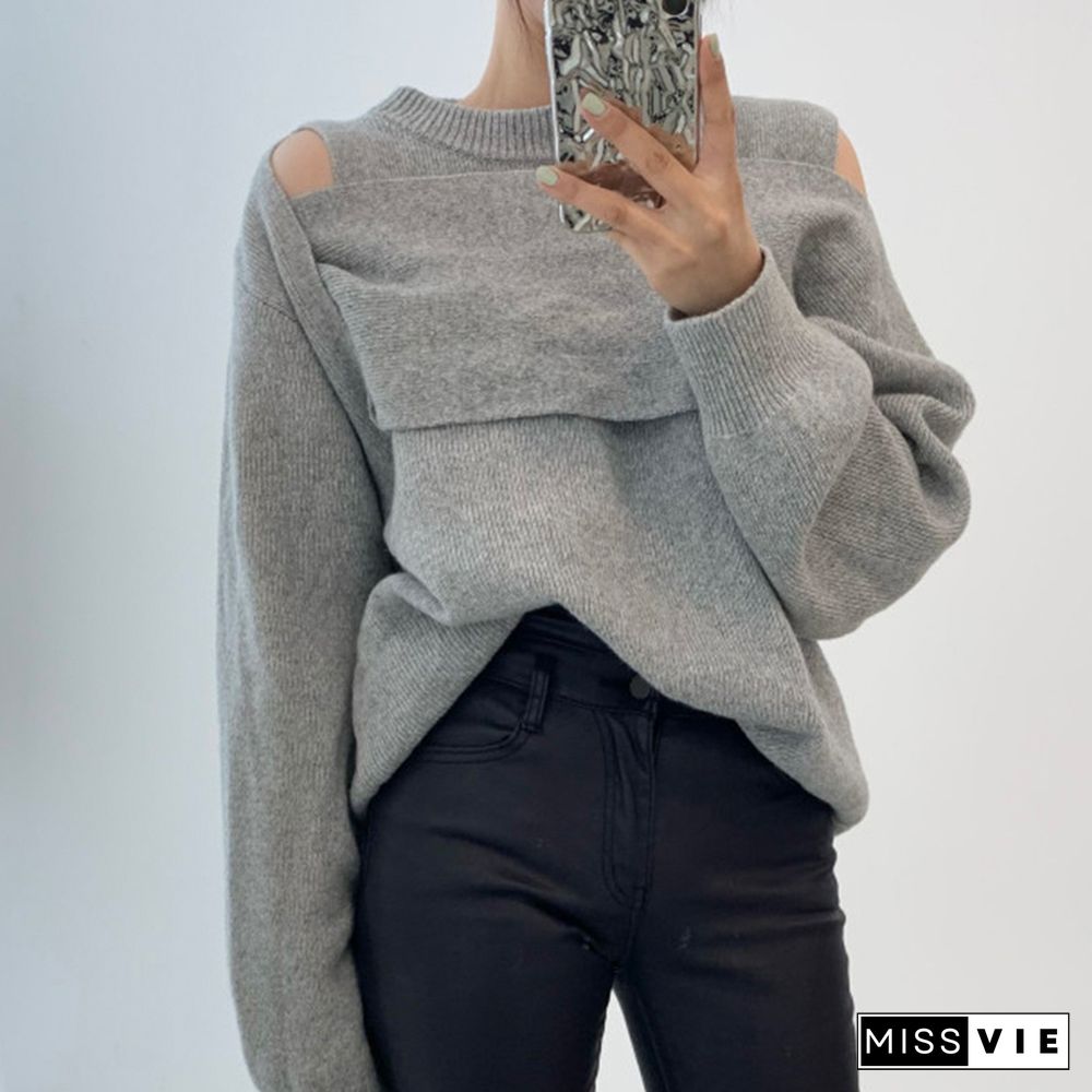 Chic Design Cold Shoulder Pure Color Sweater