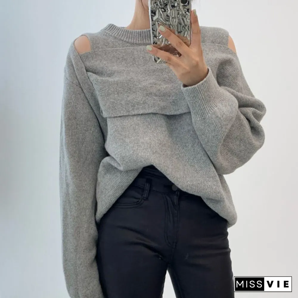 Chic Design Cold Shoulder Pure Color Sweater