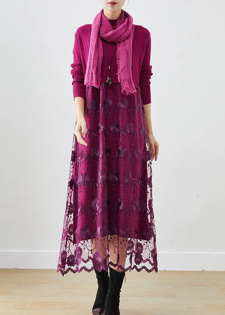French Purple Embroideried Patchwork Knit Vacation Dresses Fall