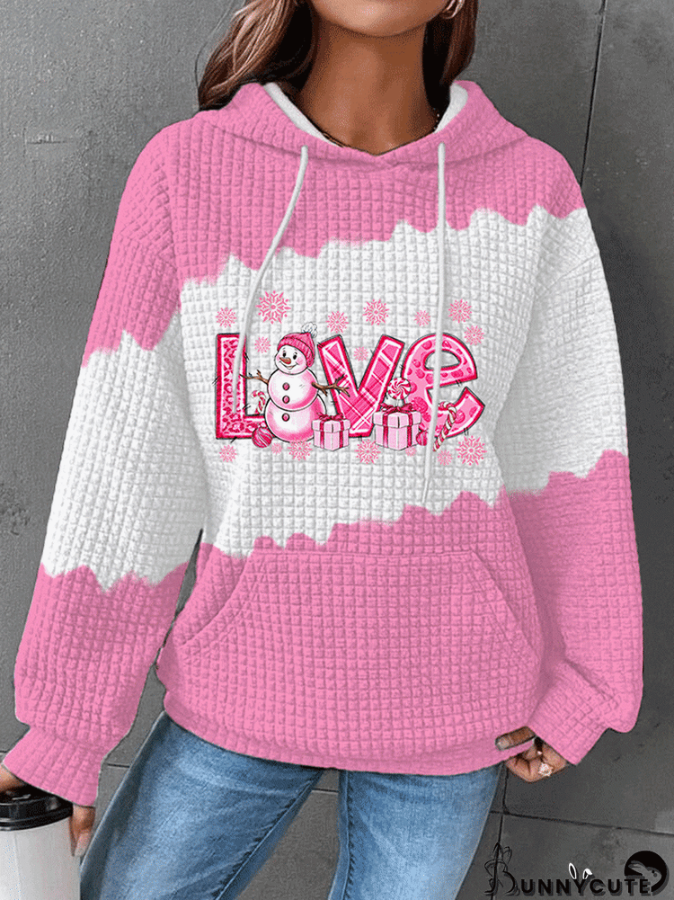 Women's Love Pink Christmas Snowman Print Waffle Sweatshirt Hoodie