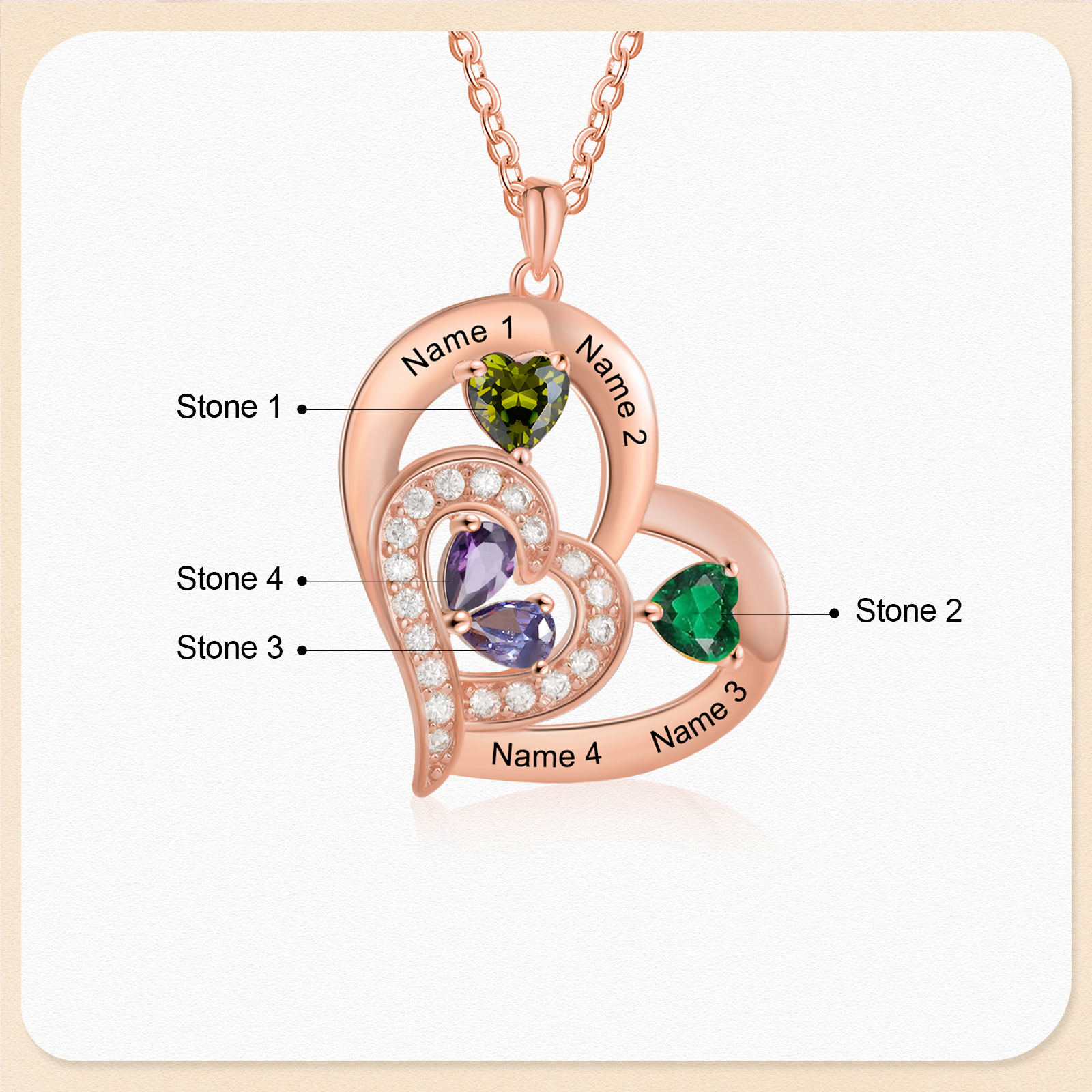 4 Names - Personalised Heart Pendant Necklace Customised Names & Birthstones Necklace Birthday Gift for Her-Jessemade AU